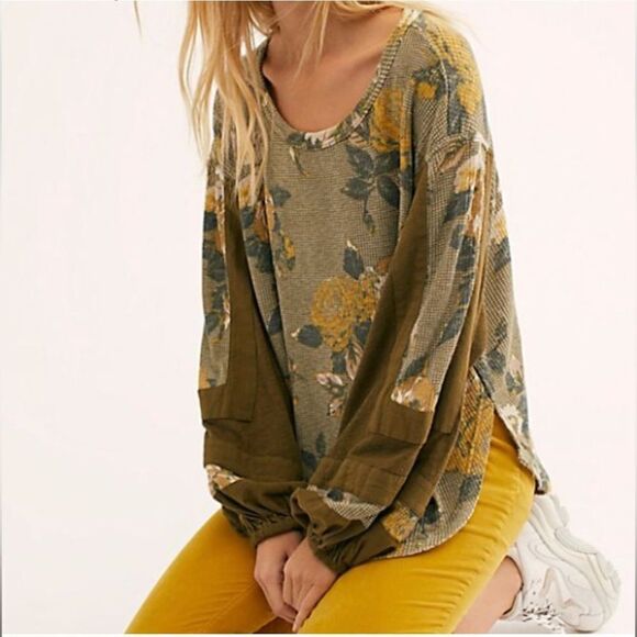 Free People Flower Patch Thermal Waffle Top S Army Green Rare Color Boho Loose - Picture 3 of 12